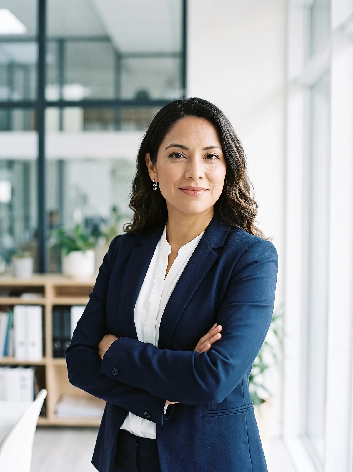 A certified public accountant in a navy blazer standing in a sunlit office.