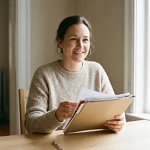 A woman holding a folder of tax paperwork.