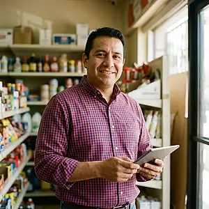 A shop owner holding a tablet in his store.