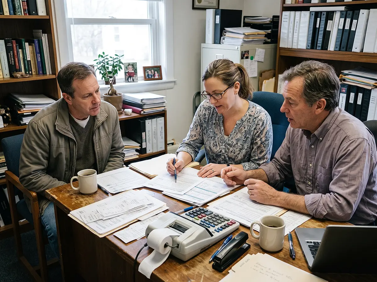 Two accountants going through tax paperwork with a client at a desk.