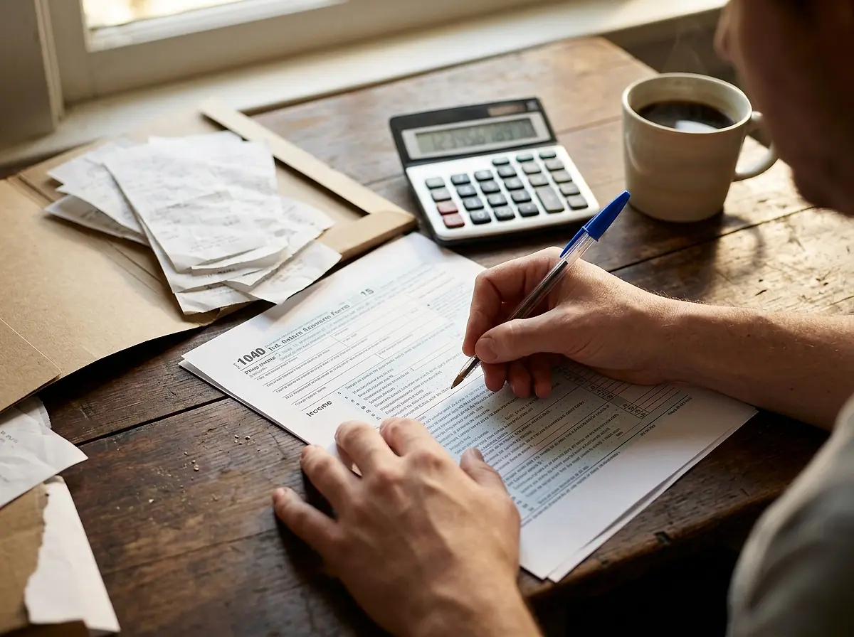 Hands filling in a paper tax return beside a calculator and a coffee cup.