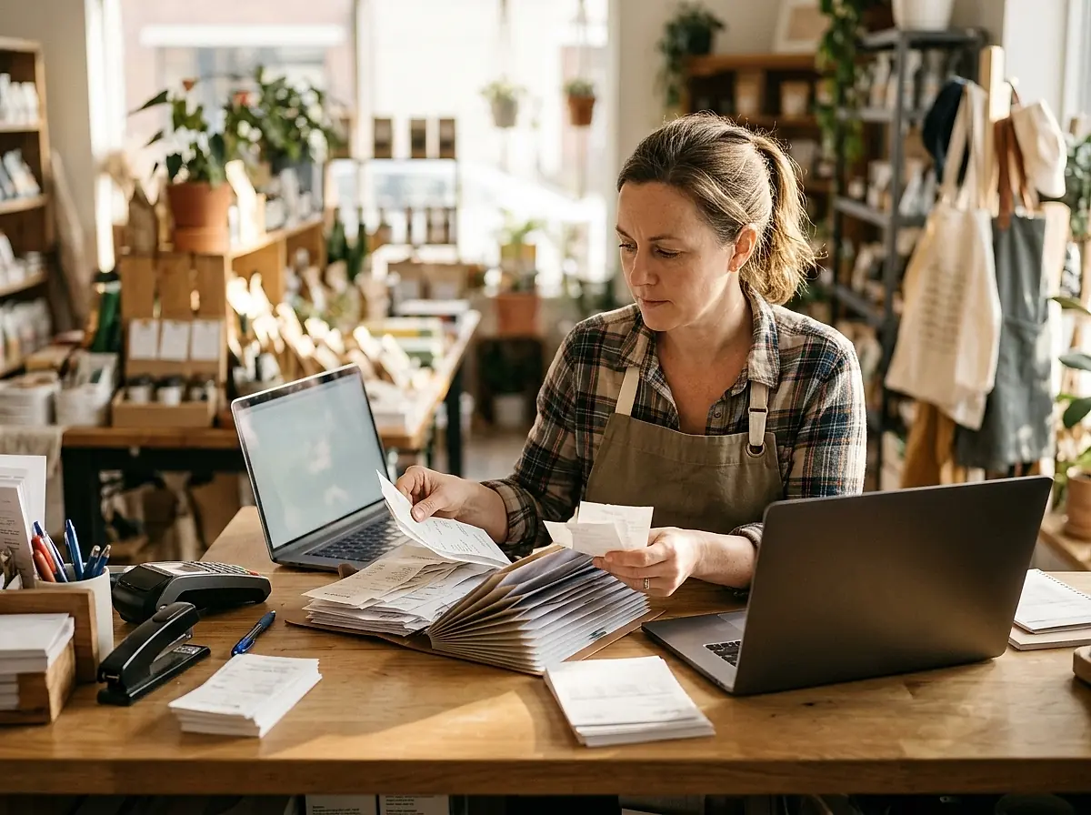 A shop owner sorting invoices and receipts beside a laptop.