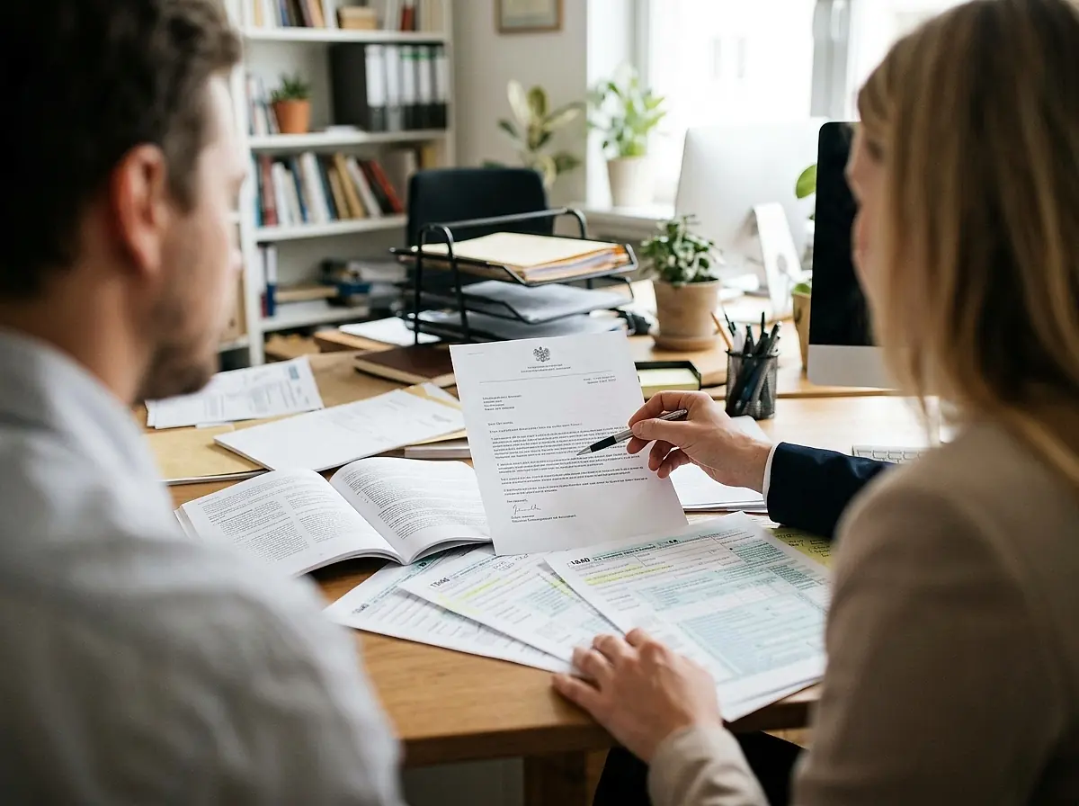 An accountant going through an official letter with a client at a table.