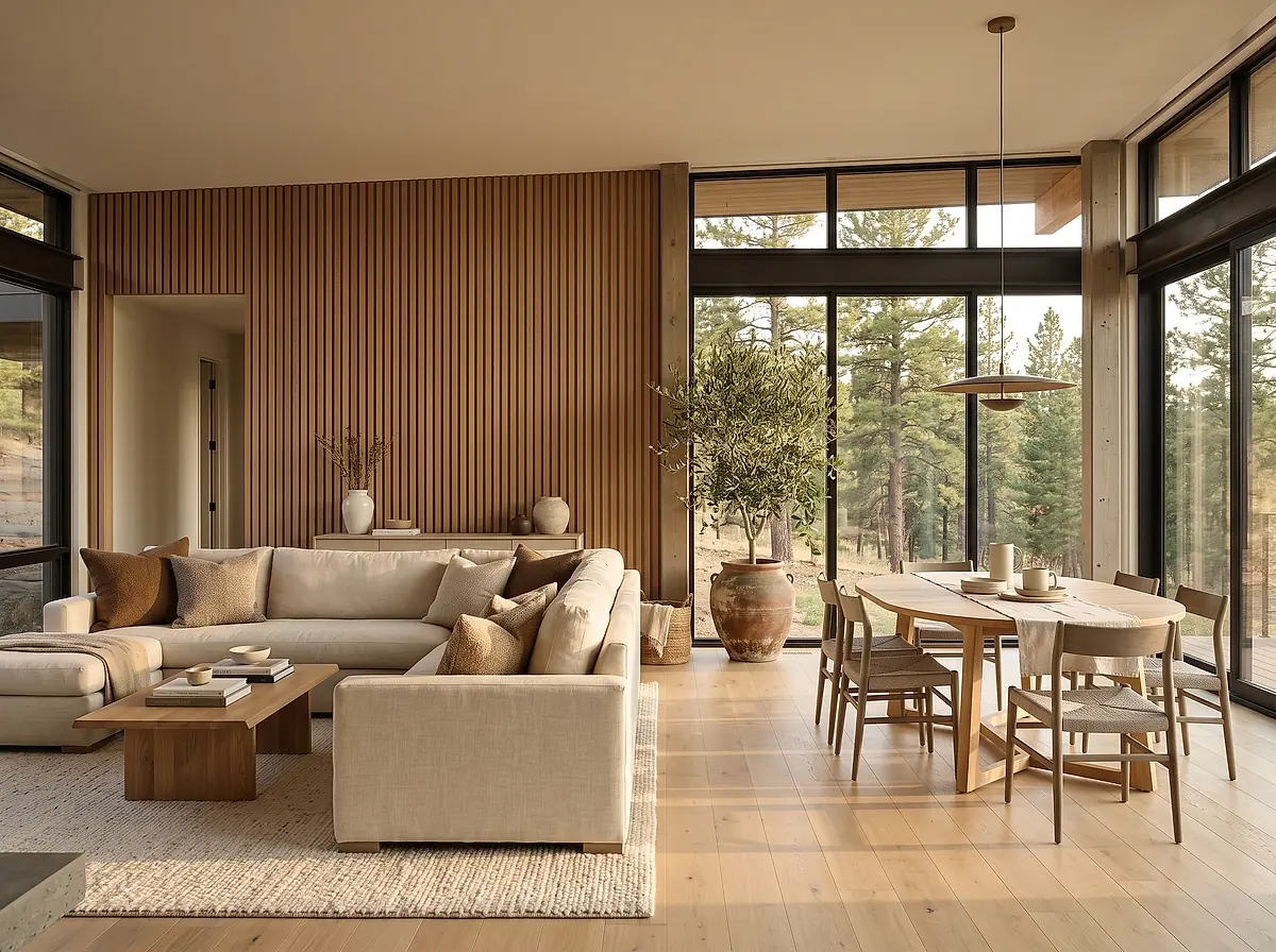 Living and dining room of a Fort Collins home with oak floors, a linen sofa and a wall of windows