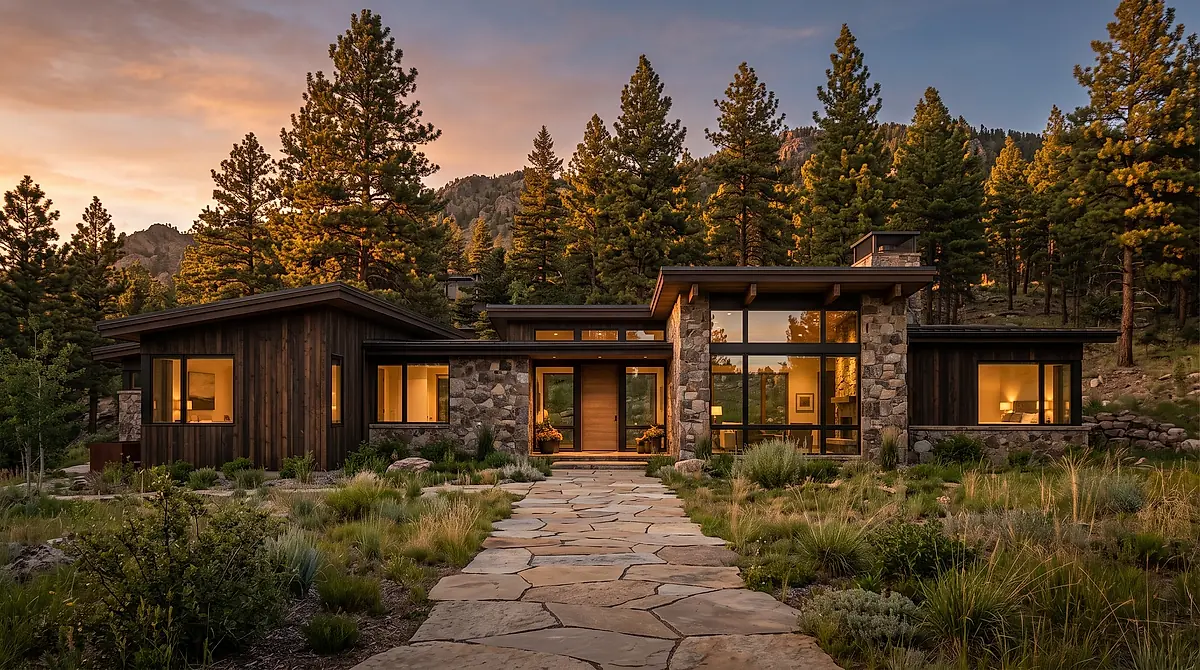 A modern Fort Collins home at golden hour, with dark timber cladding and large windows