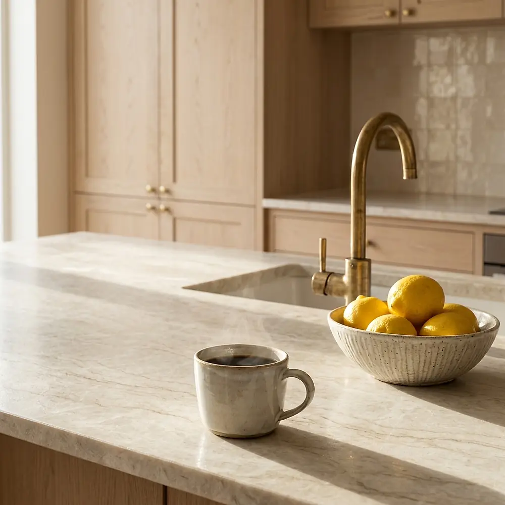 A mug of coffee and a bowl of lemons on a pale oak kitchen island