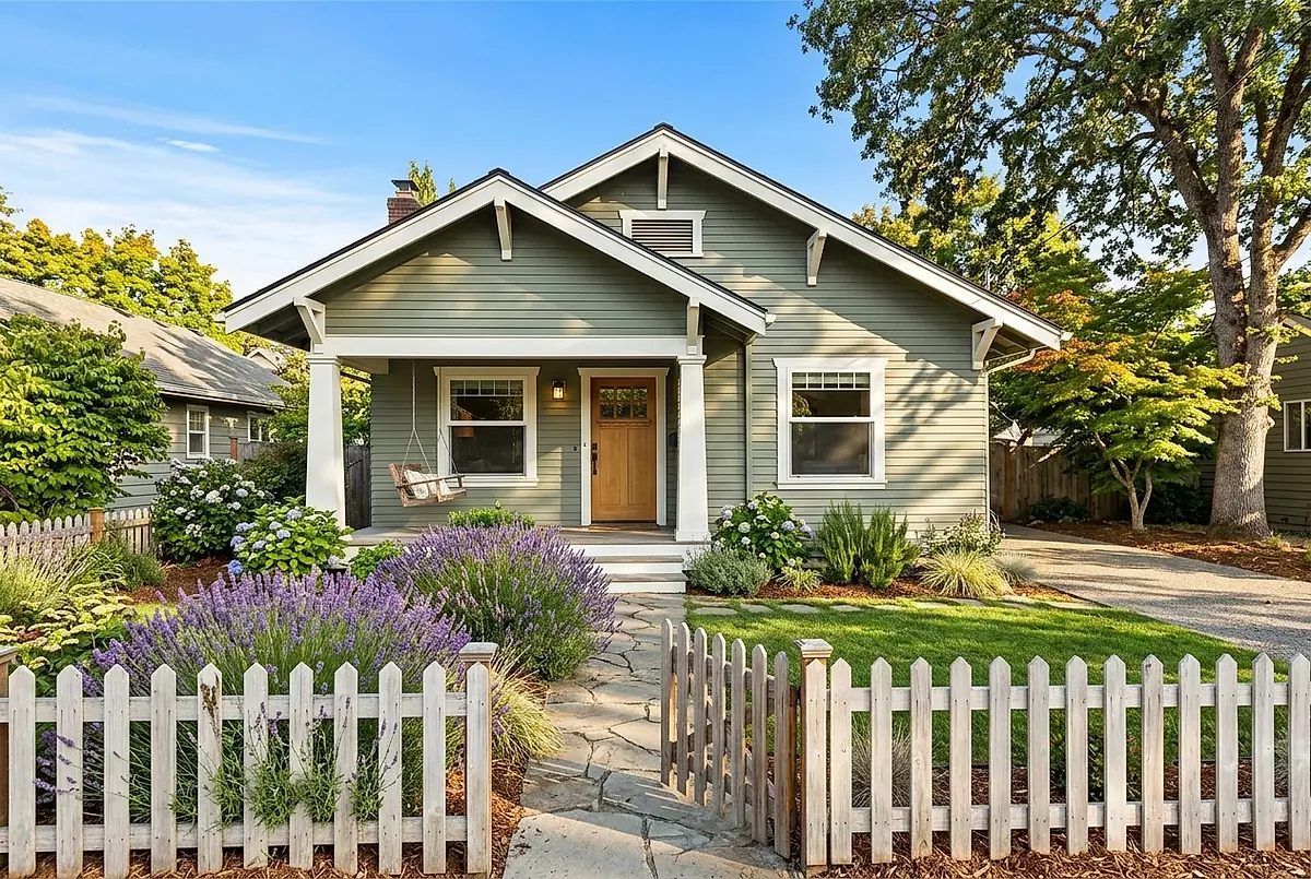 The three bedroom bungalow at 711 Larkspur Street, with a front garden and picket fence