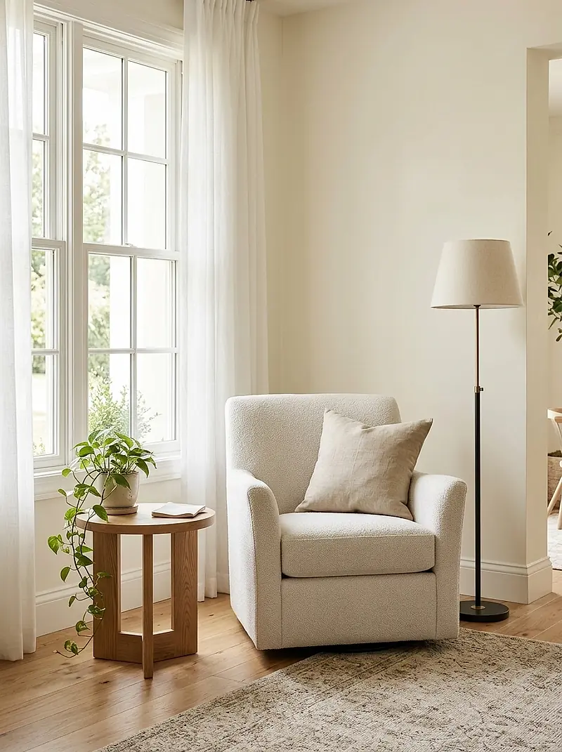 An armchair beside a tall window in a bright living room