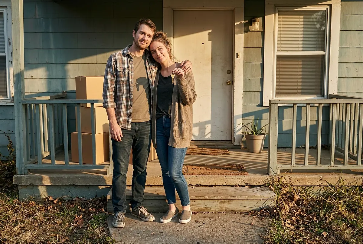 Two first time buyers on the porch of the house they just bought