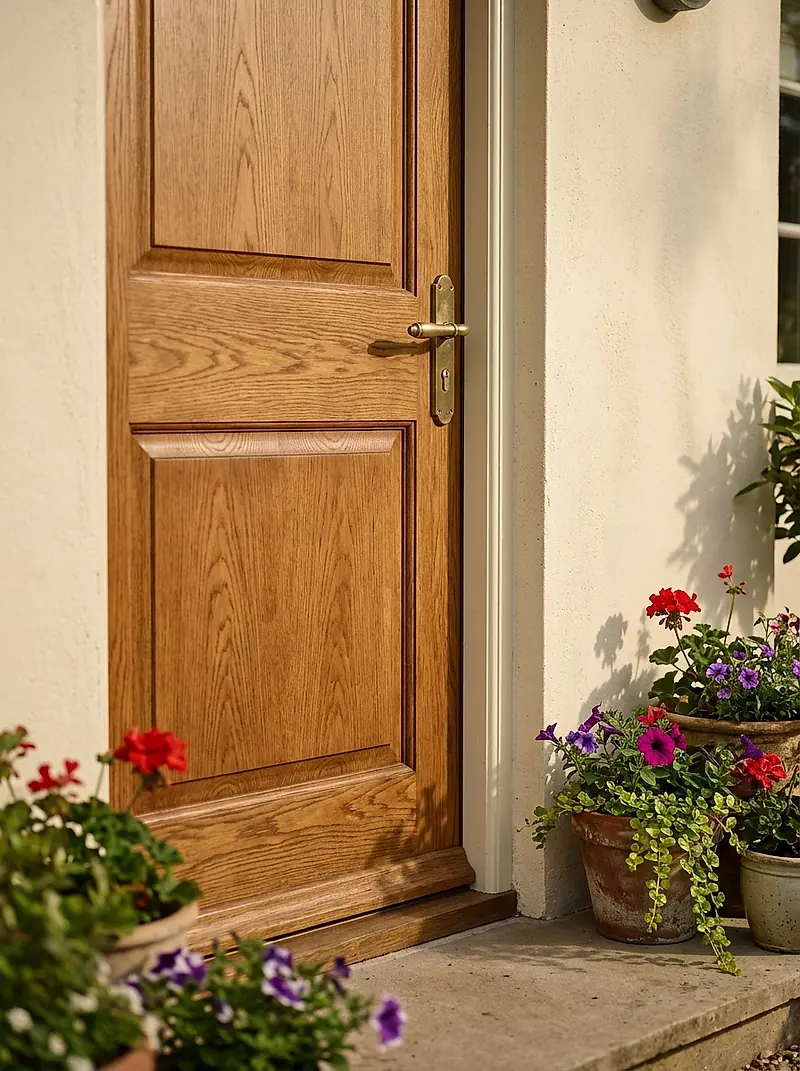 A wooden front door with a brass handle and potted flowers on the step