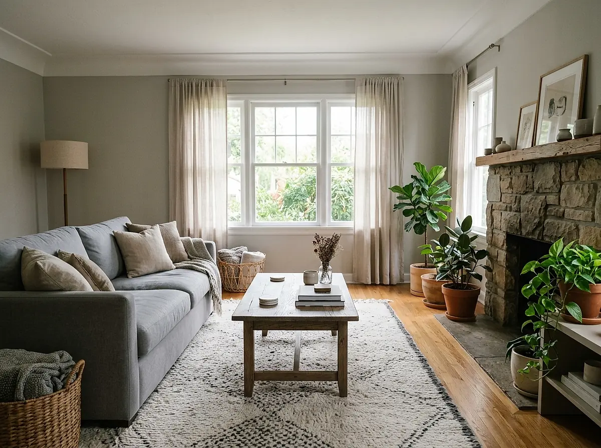 A grey sofa, stone fireplace and potted plants in a quiet living room
