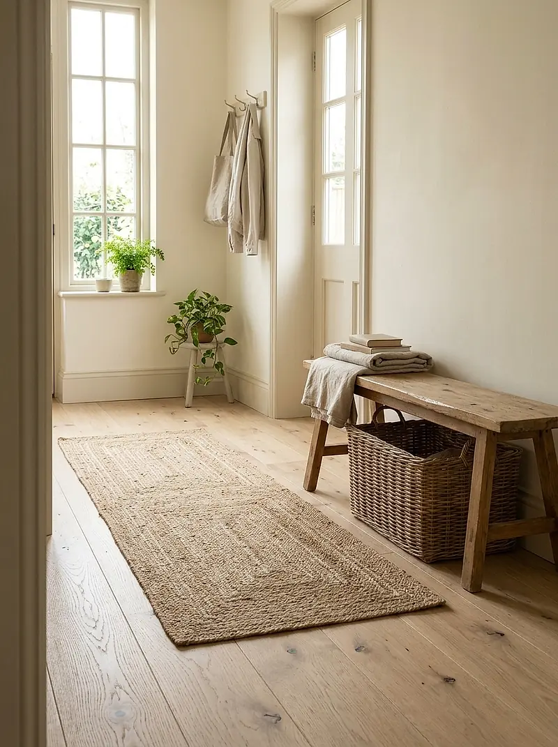 An entryway with oak floorboards, a runner rug and a bench