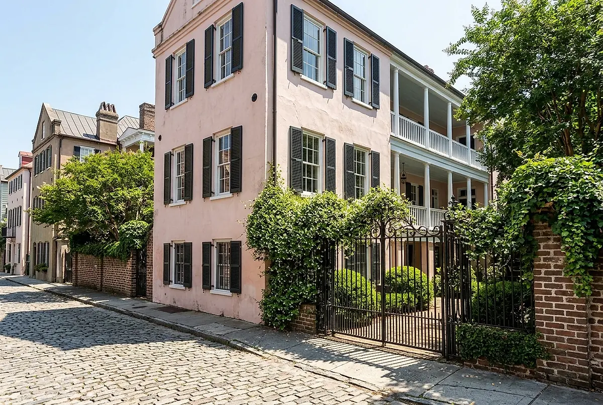 A pale pink stucco Charleston single house behind a wrought-iron gate on a cobblestone street.