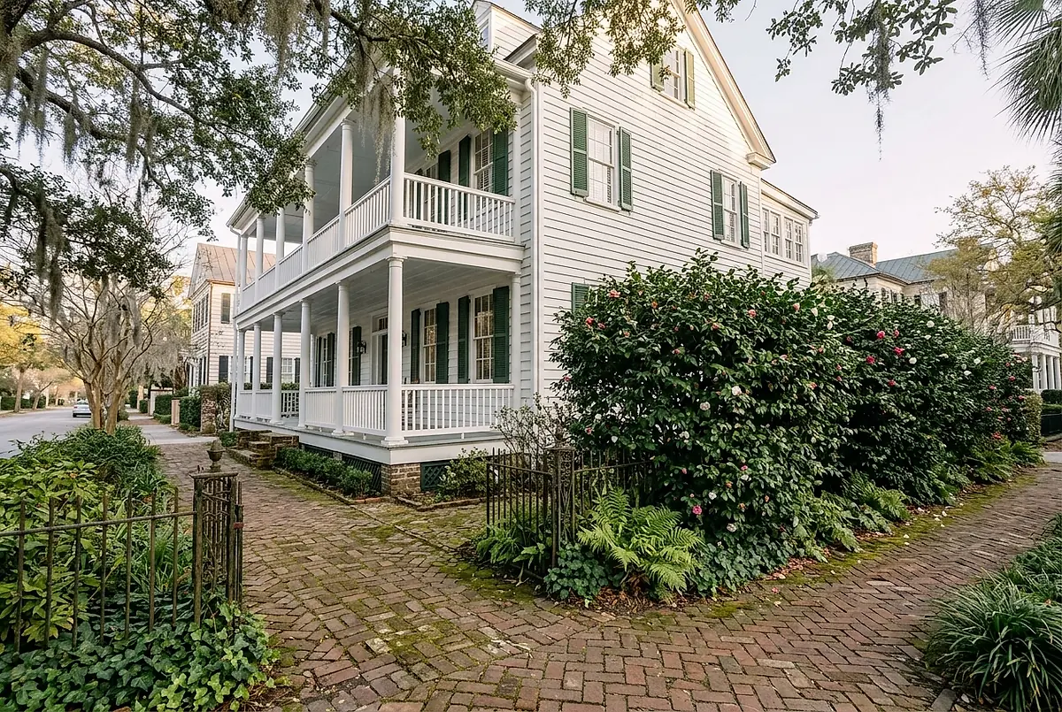 A white wood-sided Charleston house with a side piazza behind a camellia hedge.