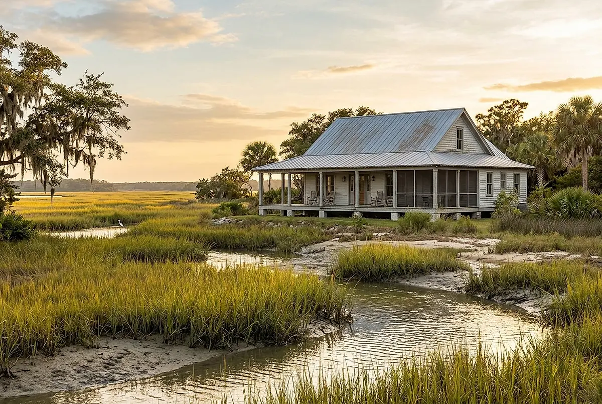 A lowcountry cottage with a grey metal roof and wraparound porch on a tidal marsh.