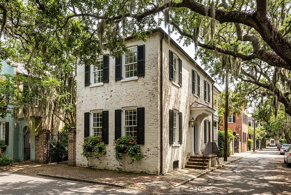 A painted brick townhouse with black shutters and window boxes under an oak canopy.