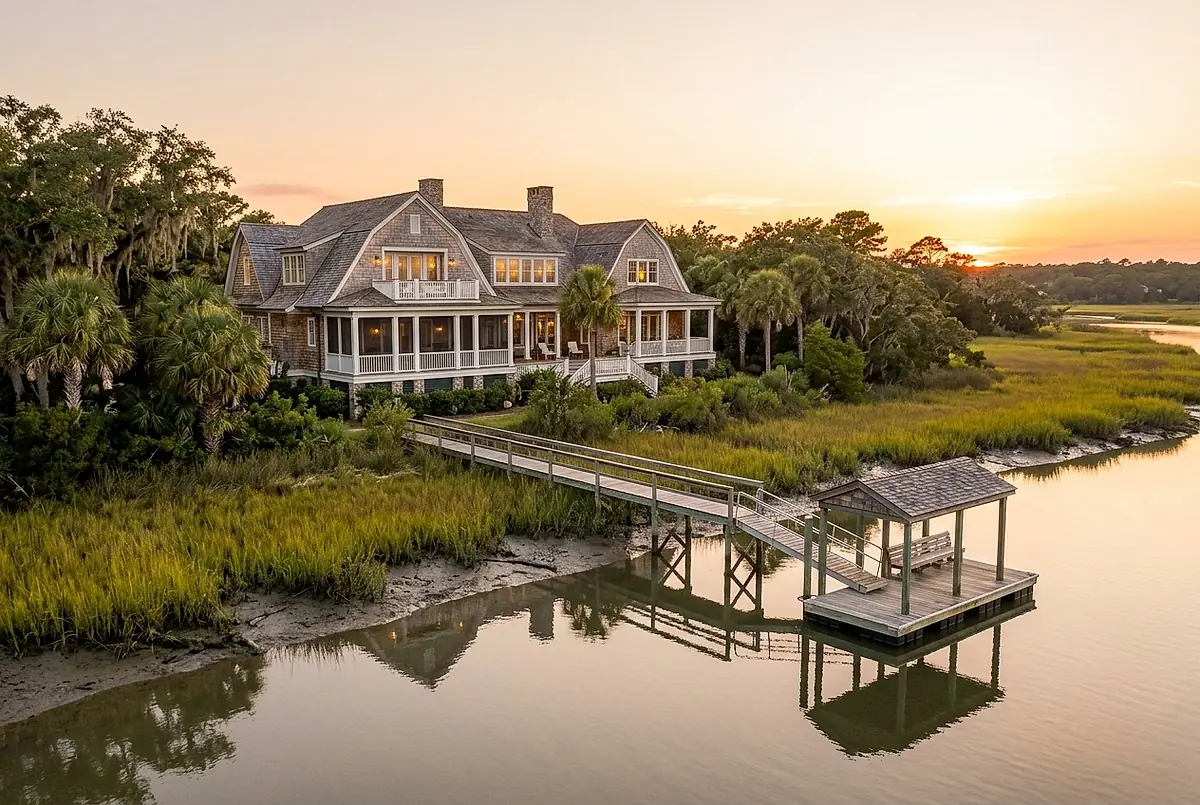 A shingle-style coastal house with double porches and a dock on a tidal creek at golden hour.