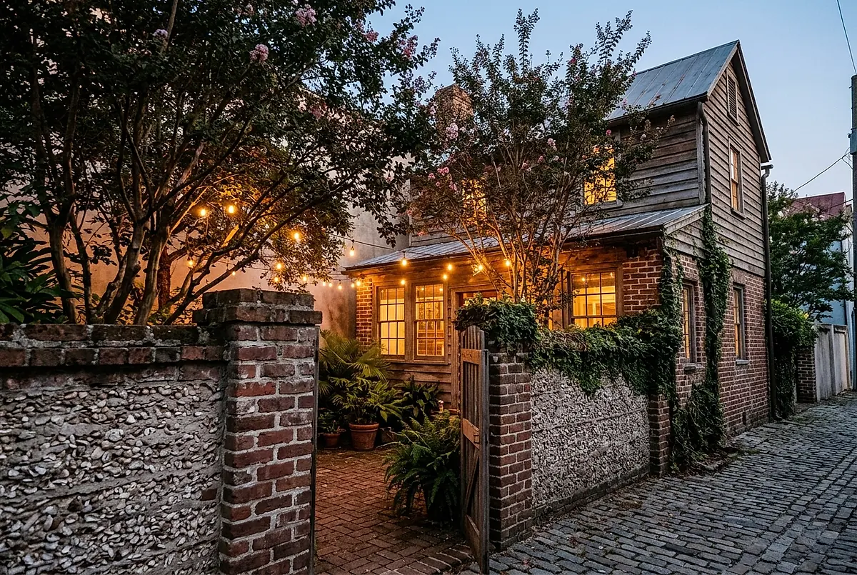 A small brick alley house behind a wooden gate and walled courtyard garden.
