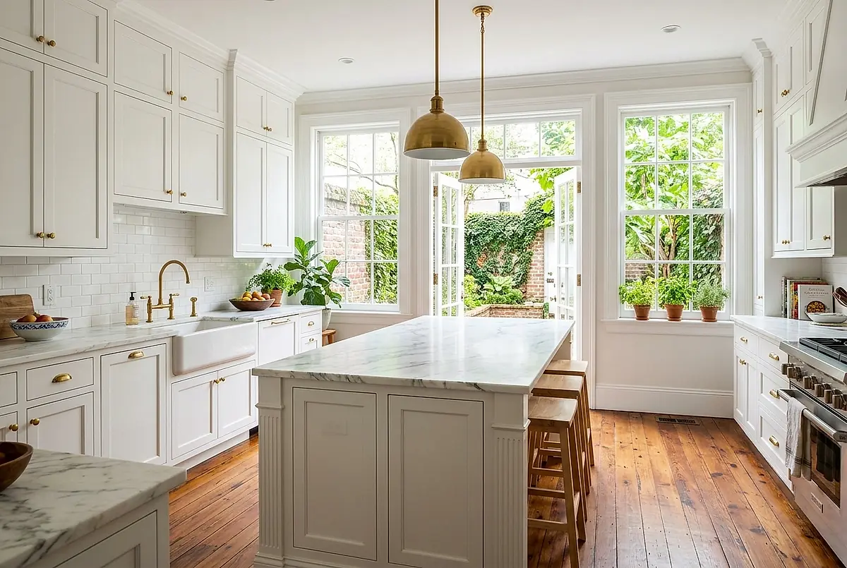 A renovated kitchen with a marble island, brass tapware and heart-pine floors.