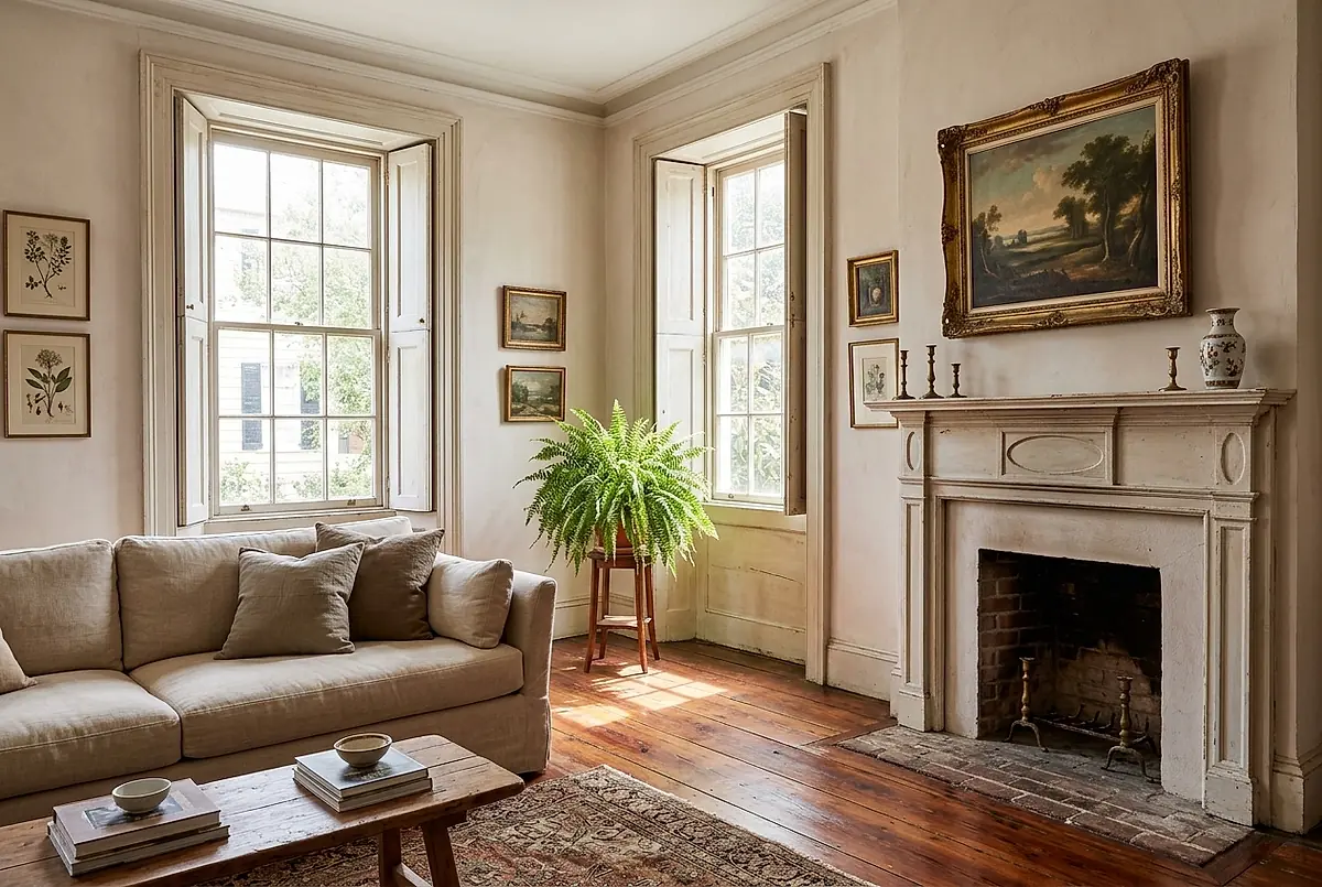 A sunlit sitting room with tall shuttered windows, heart-pine floors and a fireplace.