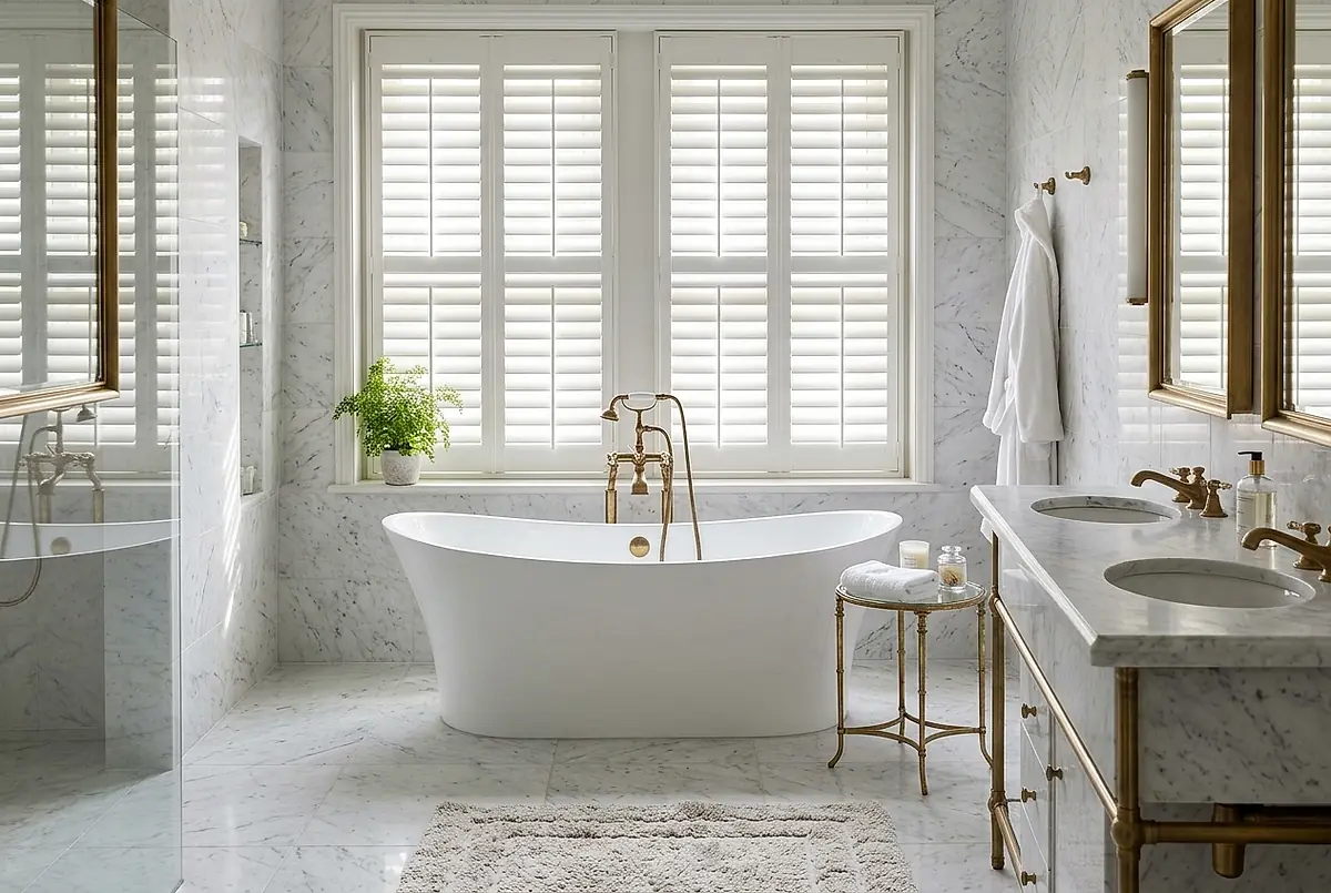A bathroom with a freestanding tub, marble tile, brass taps and plantation shutters.