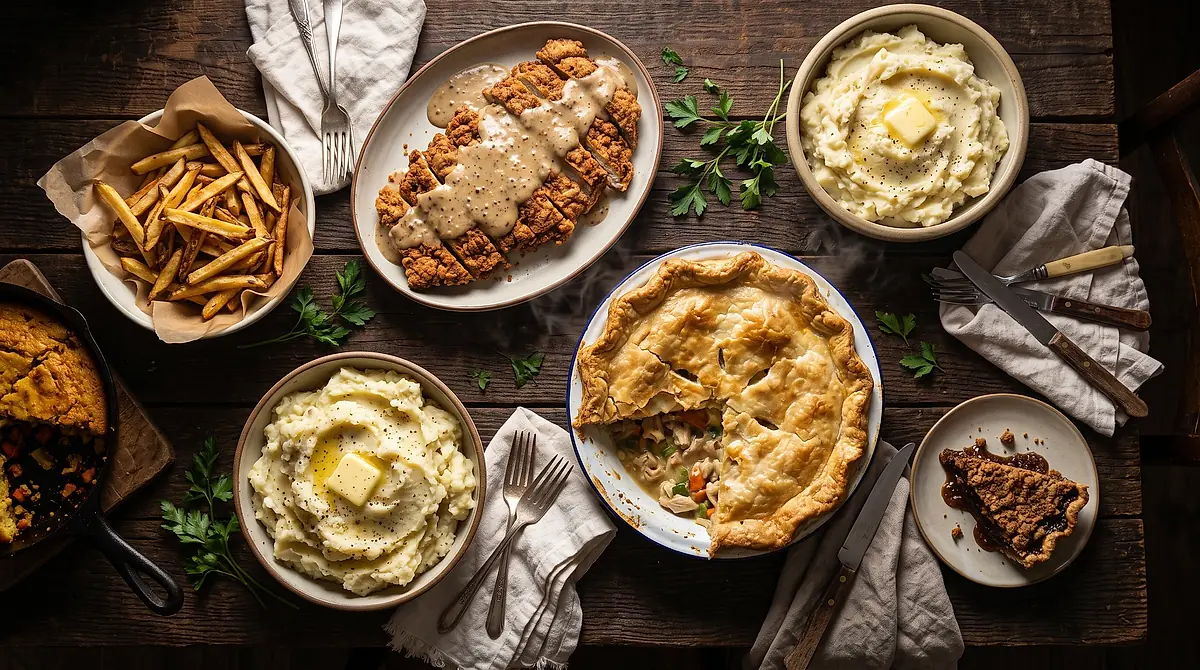 A dark wooden table laid with chicken pot pie, chicken-fried steak, mashed potatoes, fresh-cut fries and a slice of shoofly pie.