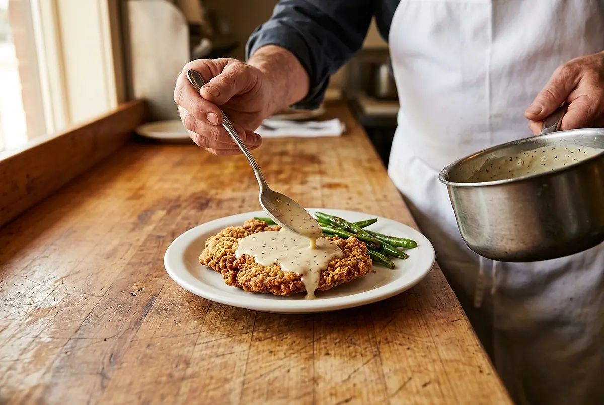 A cook spooning pan gravy over a slice of chicken-fried steak on a white plate.