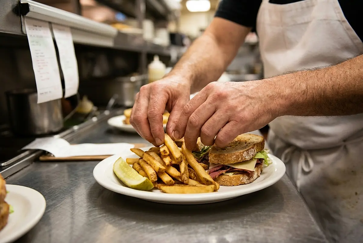 A cook arranging fresh-cut fries and a pickle beside a sandwich on a diner plate.