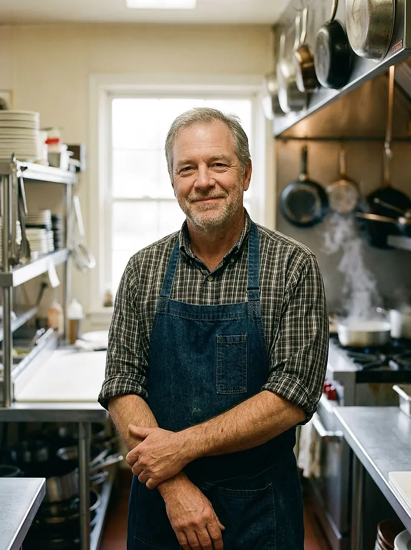 Carl Hollis in a denim apron, standing in the kitchen with his arms folded.