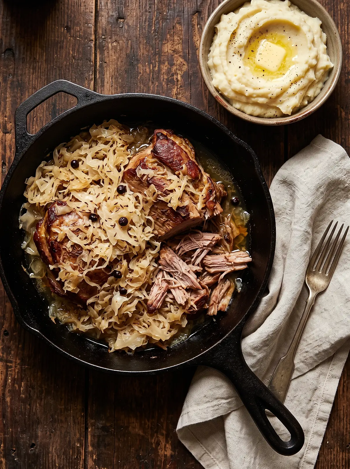 A cast-iron skillet of slow-roasted pork and sauerkraut with mashed potatoes alongside.