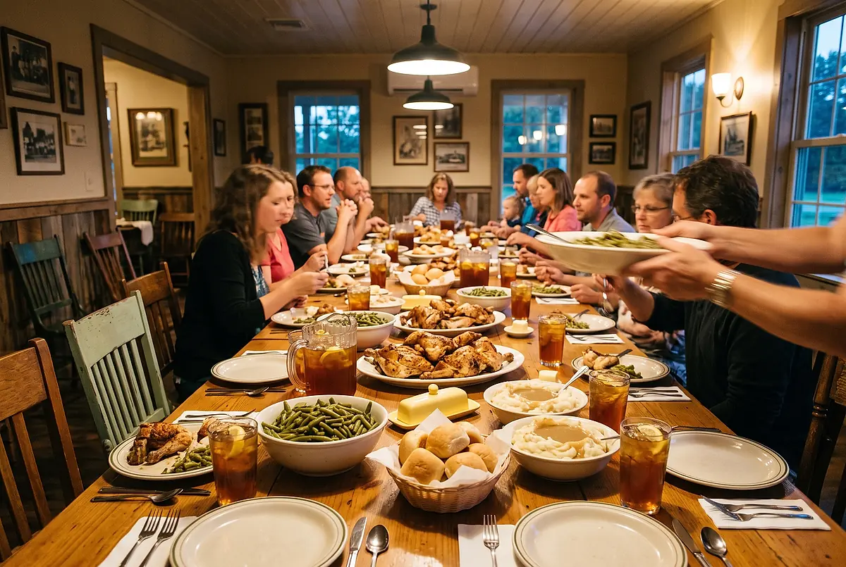 A long table set family style with platters of roast chicken, bowls of green beans and glasses of iced tea.