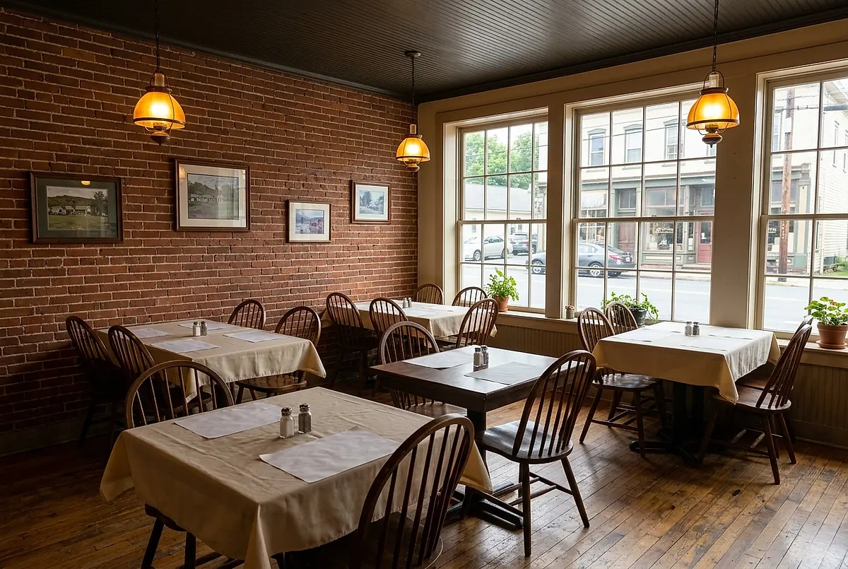 The dining room: wooden tables with cream cloths, bow-back chairs and warm pendant lamps.