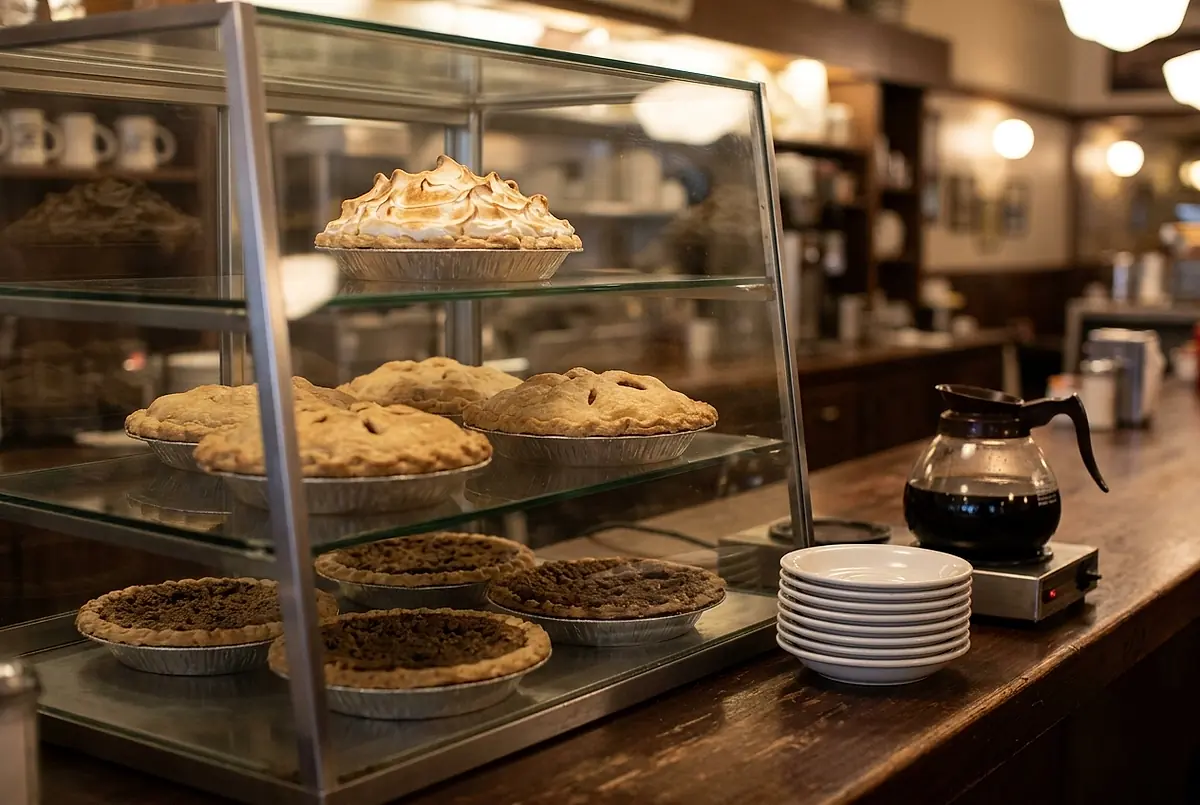 The pie case on the counter, holding shoofly, apple and lemon meringue pies.
