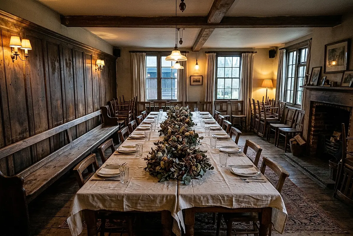 The private room, two long tables pushed together and set for a party.