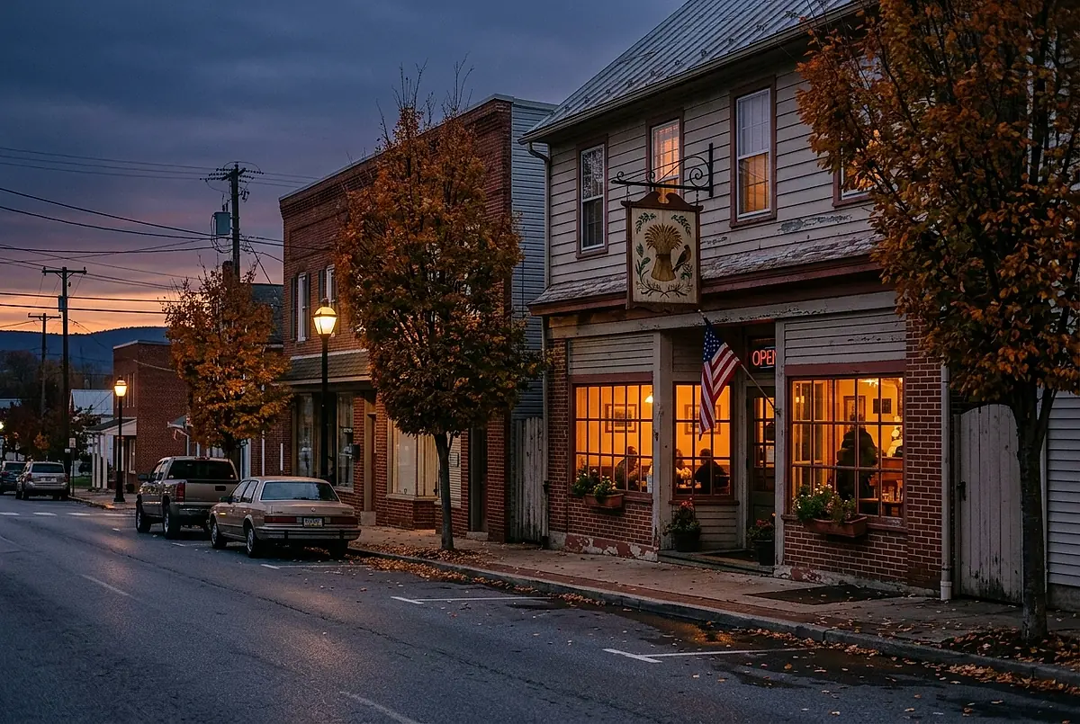 The restaurant storefront on a Lancaster street at dusk, windows lit.