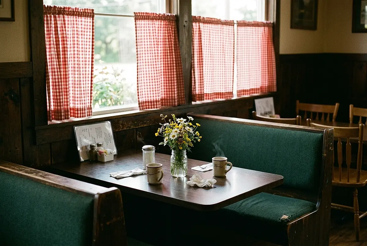 A corner booth with checked curtains at the window and two cups of coffee on the table.