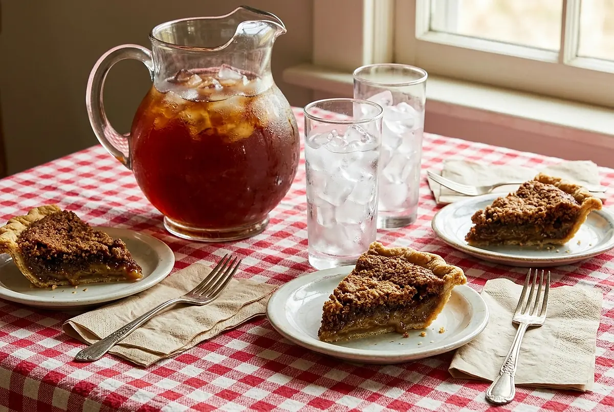 A pitcher of iced tea and two slices of shoofly pie on a checked tablecloth.