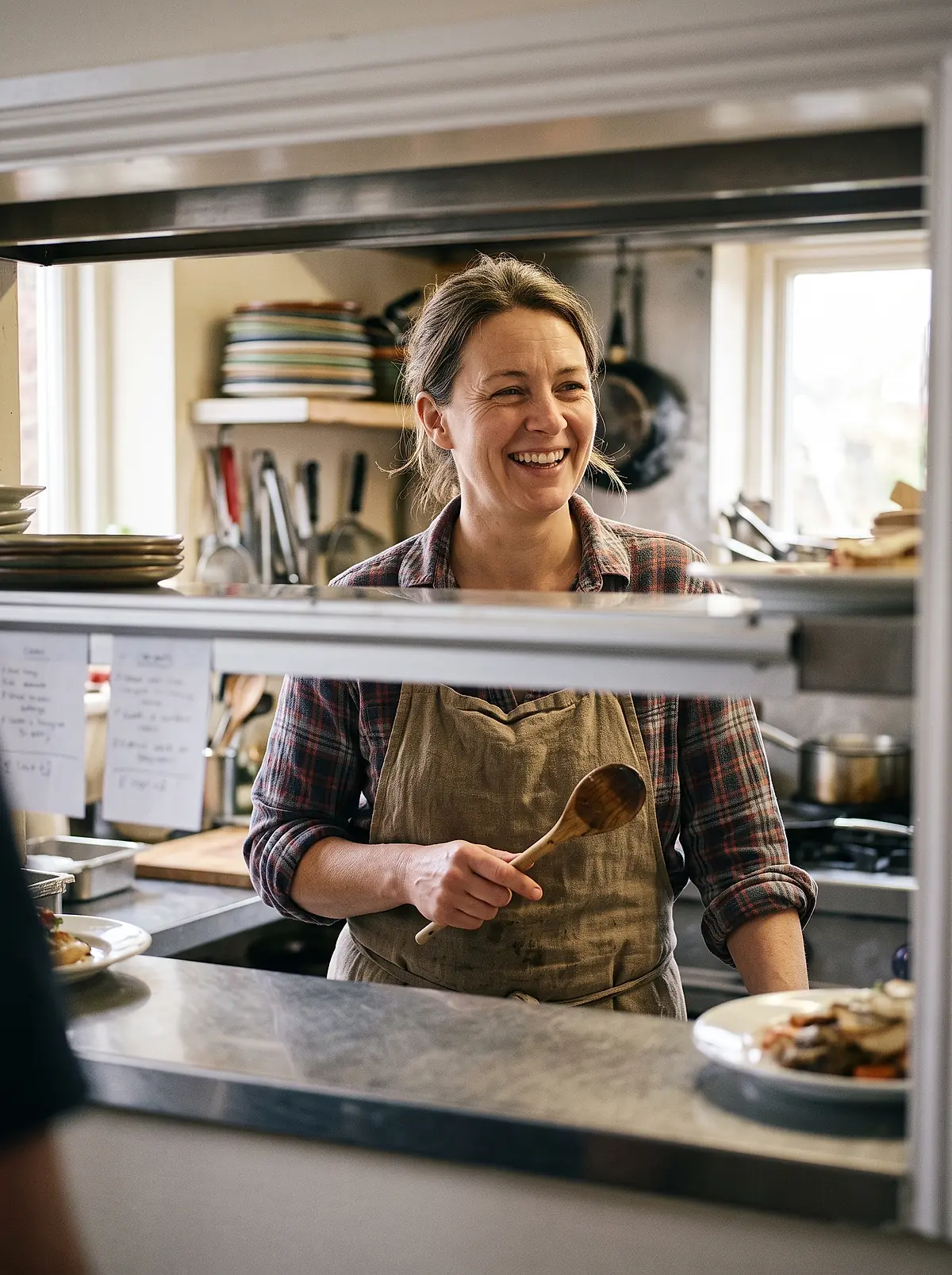 Marisa Hollis at the pass in the kitchen, wooden spoon in hand.