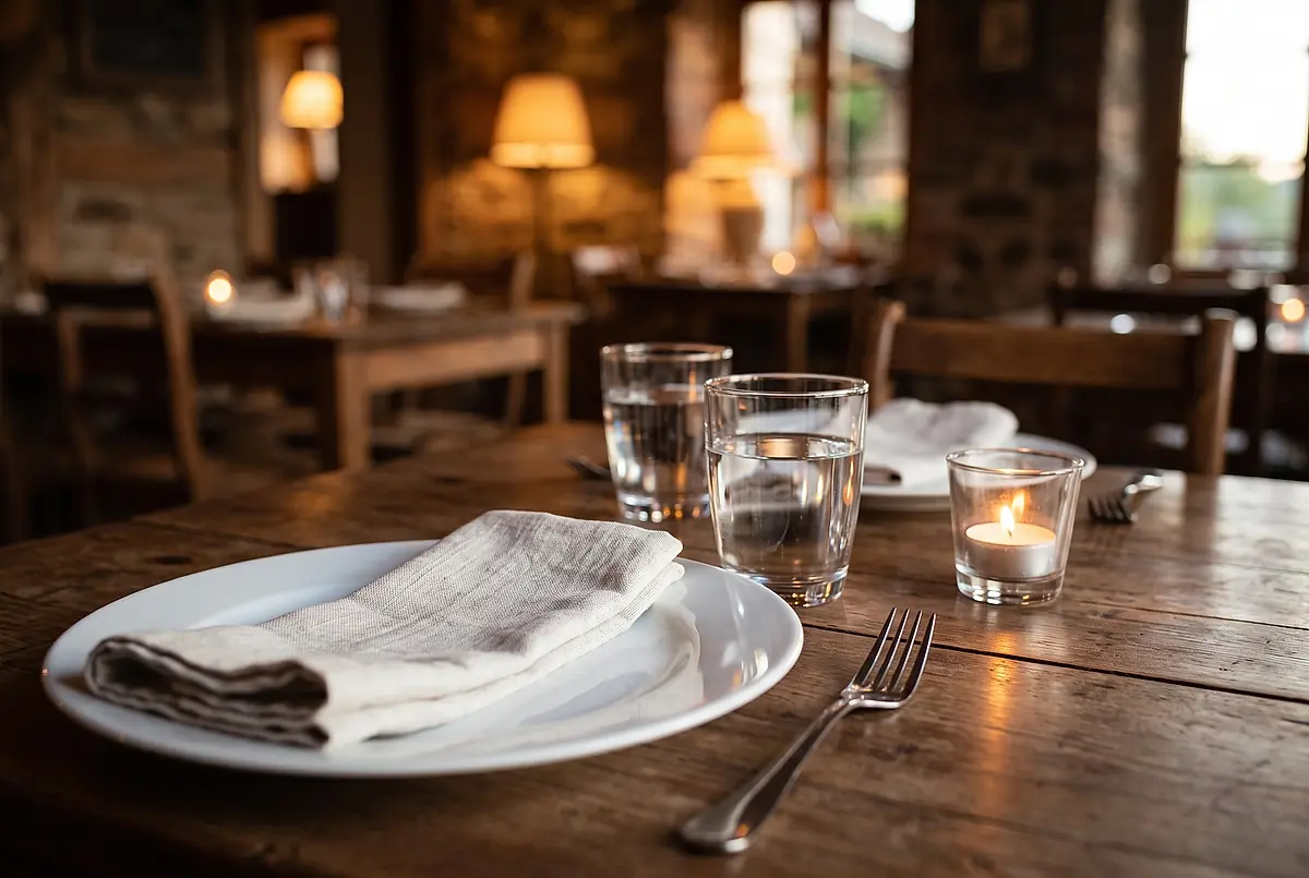 A table set for dinner with a folded napkin, water glasses and a candle, the dining room blurred behind.