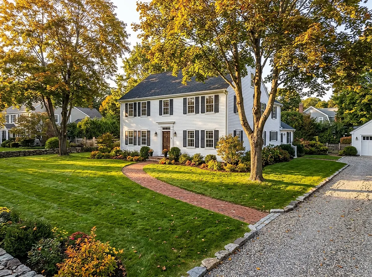 A white clapboard house with black shutters and a brick path, maples turning gold around the lawn