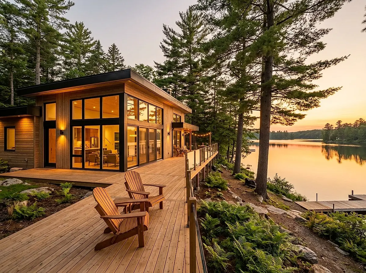 A glass-fronted lakefront house with a wraparound deck looking out over calm water
