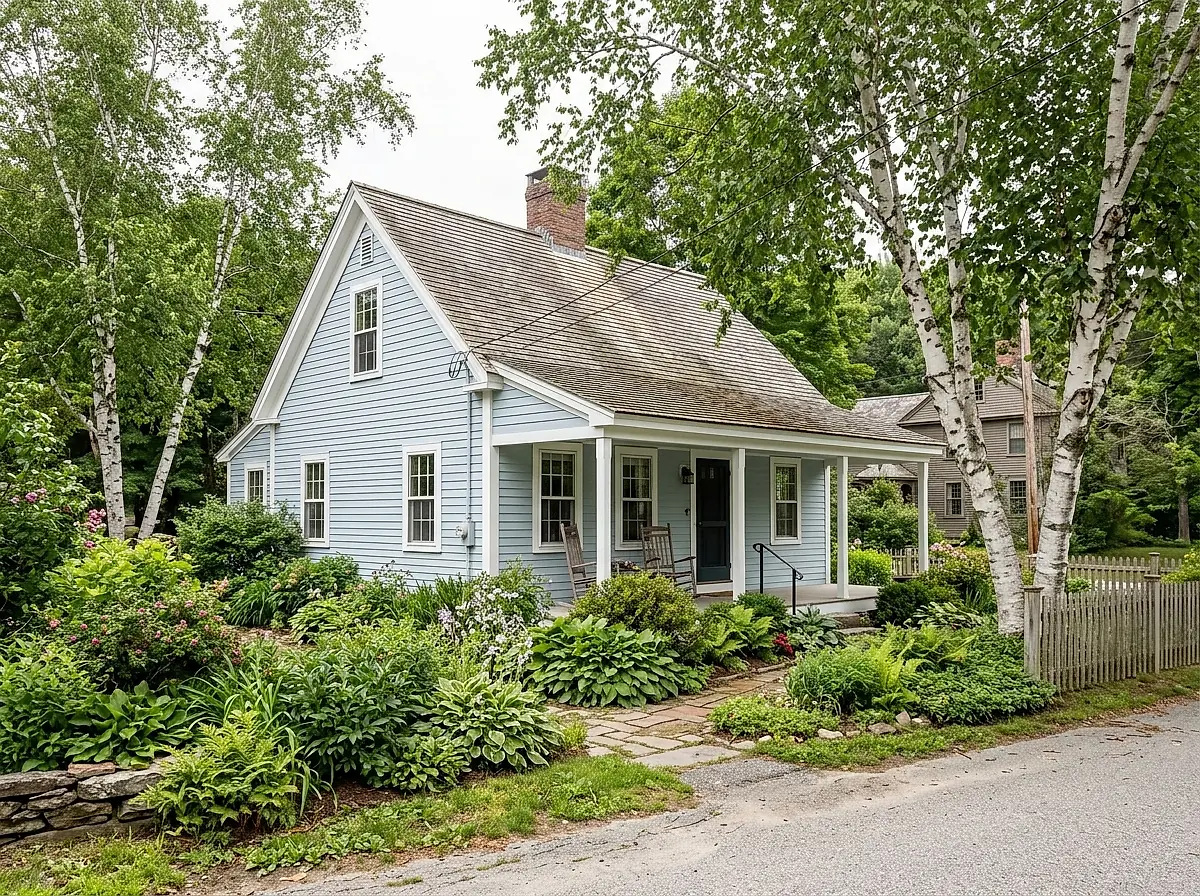 A pale blue cottage with a covered porch and white trim, birch trees in the front garden
