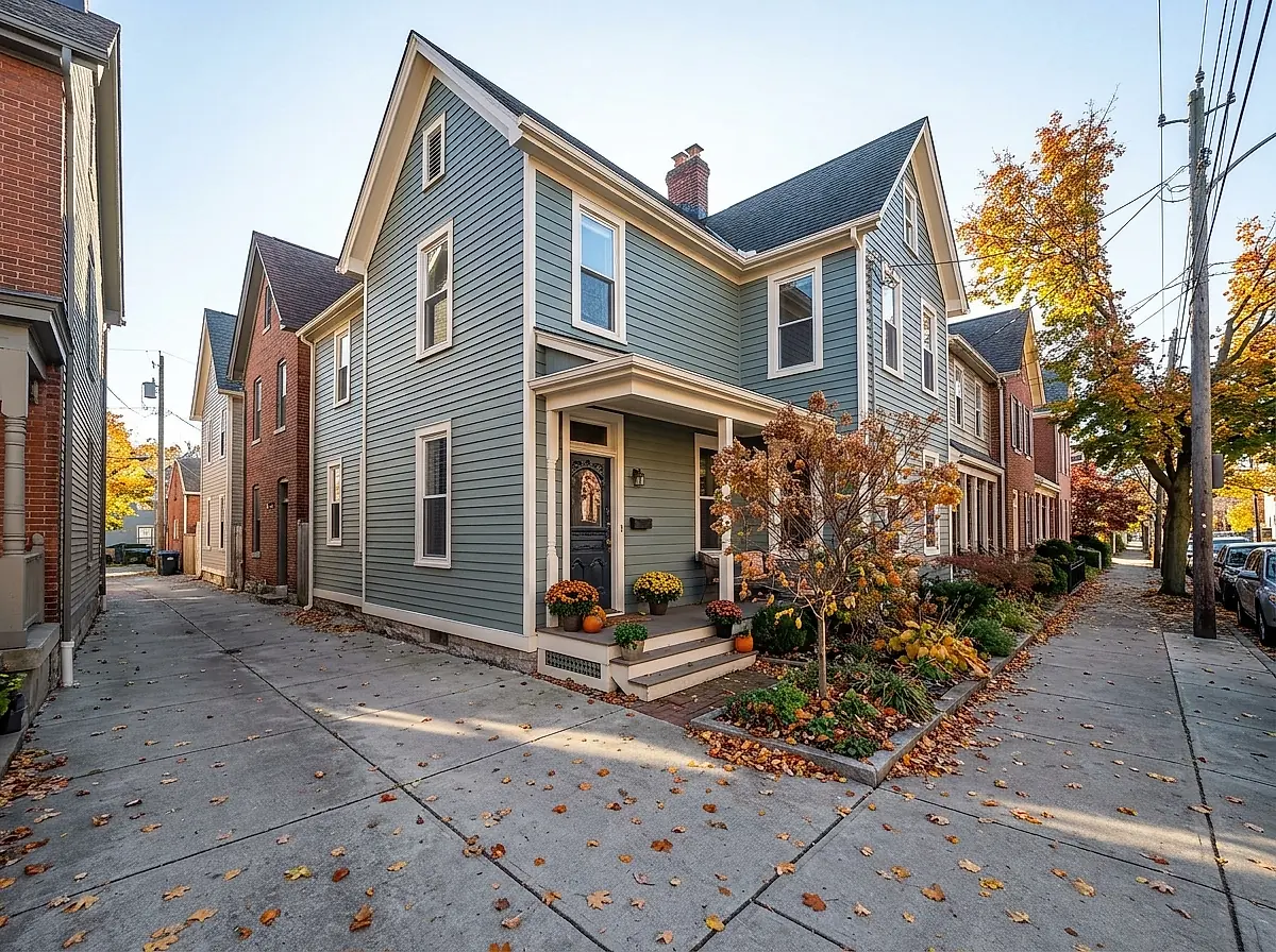 A narrow two-storey house with a small porch, close to the pavement on an in-town street