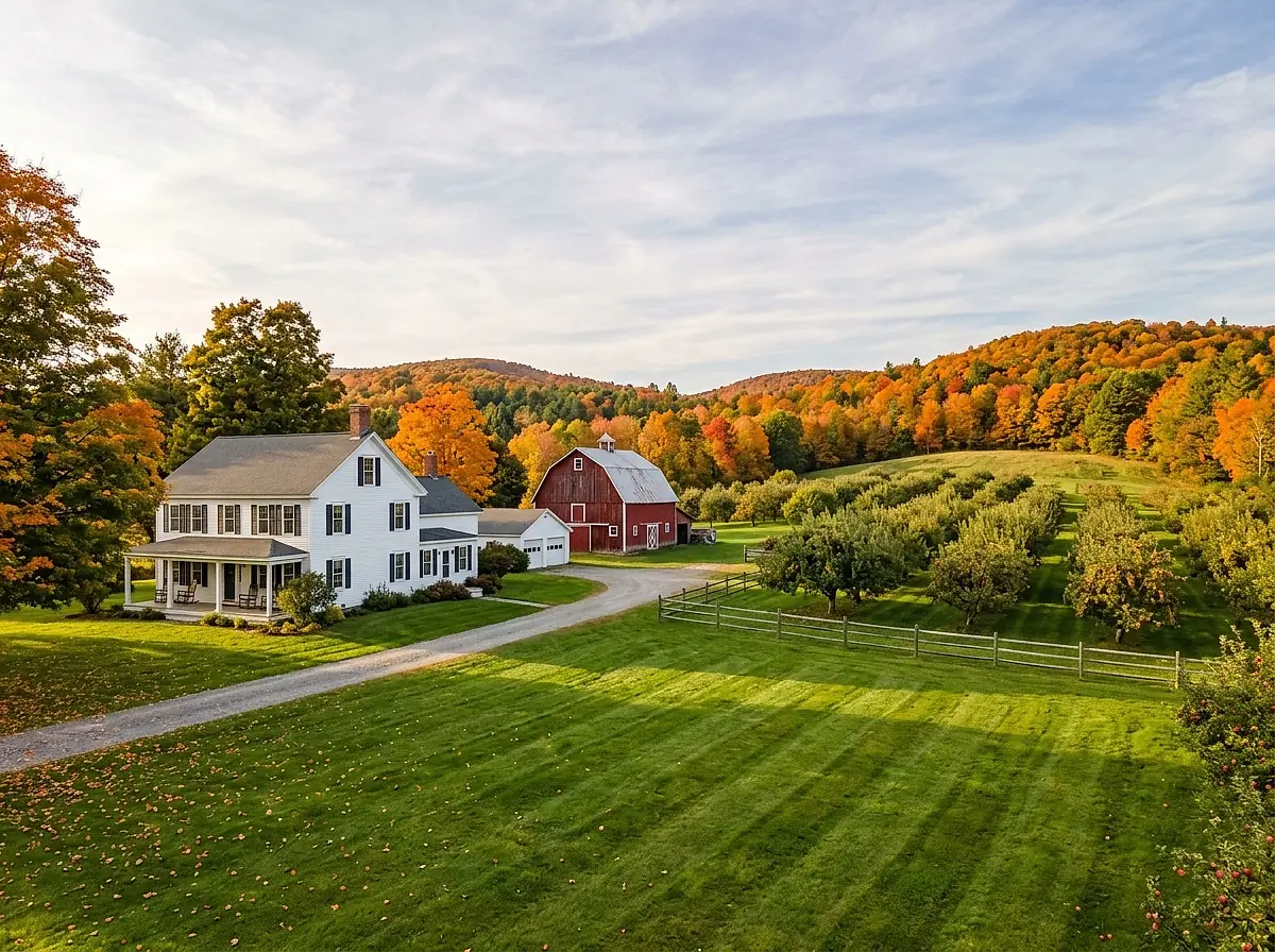 A white farmhouse with a red barn behind it, orchard rows and rolling hills around it