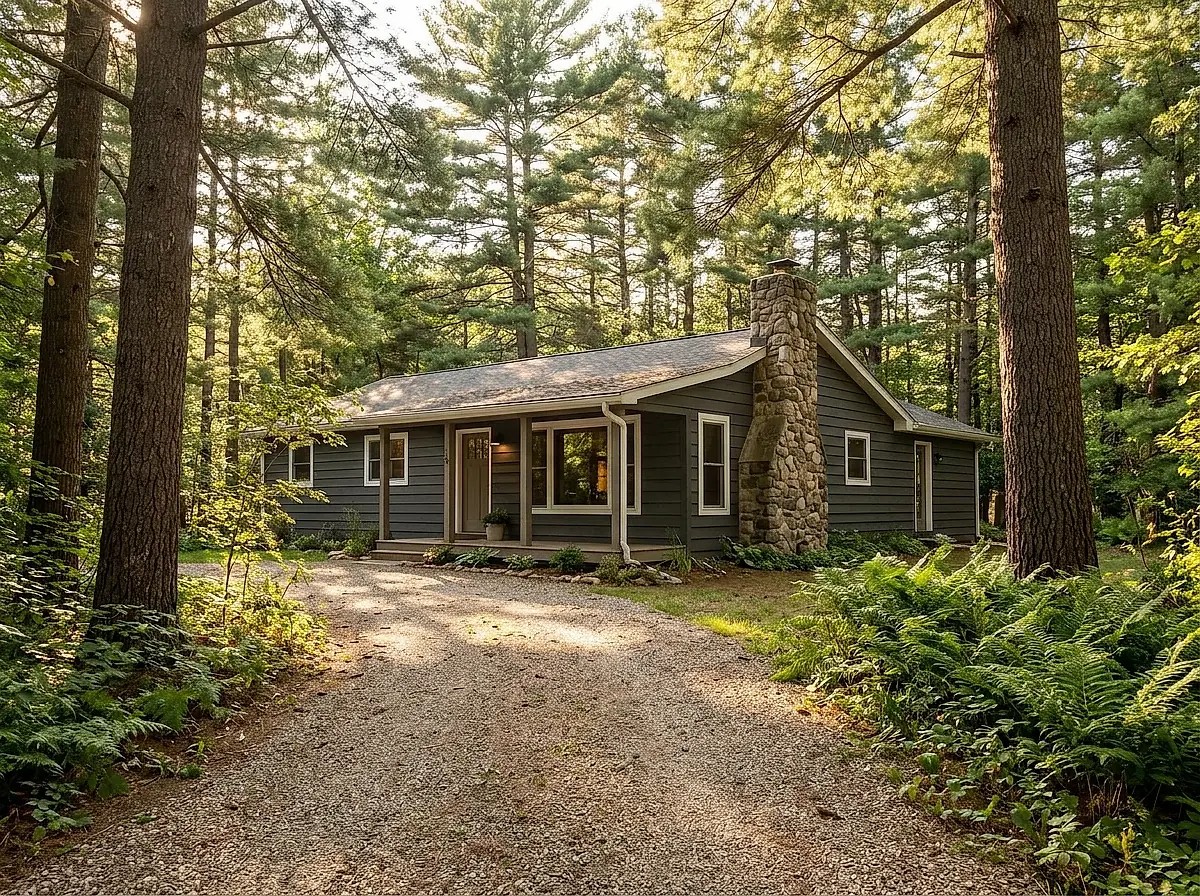 A single-storey house with dark grey siding and a stone chimney, set among tall pines