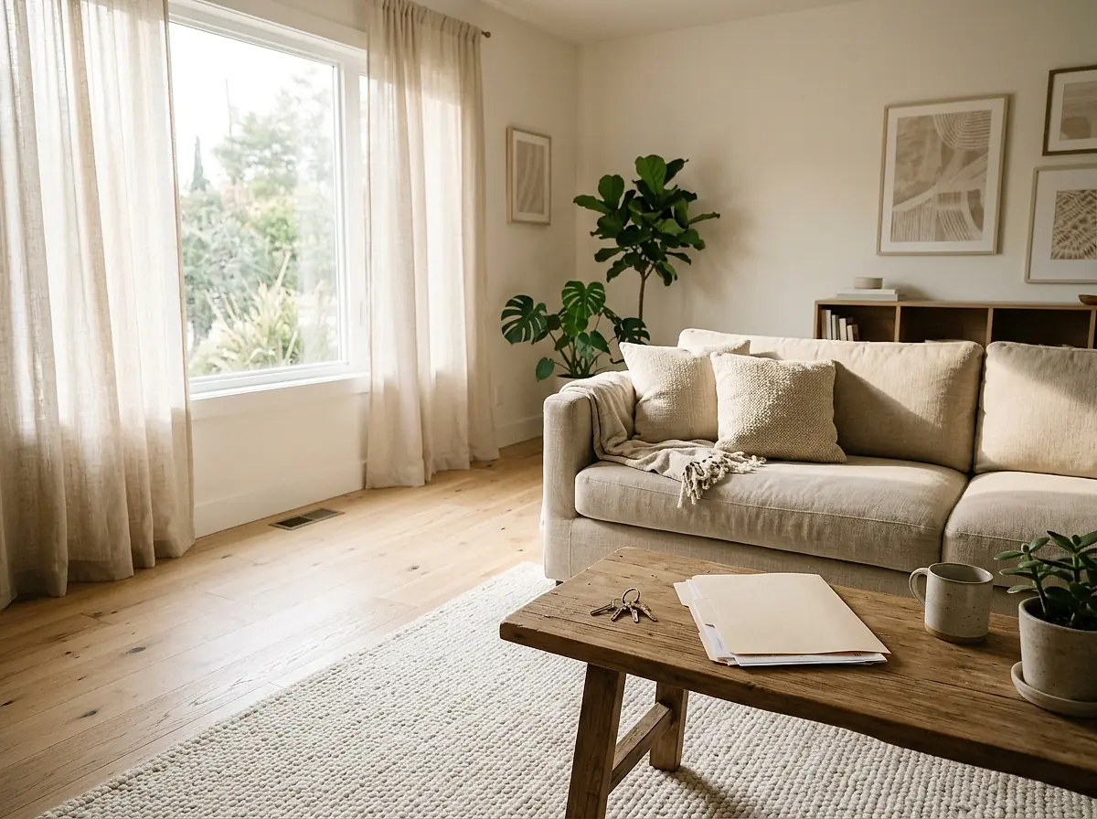 A bright living room with a linen sofa and a low table, morning light coming through the window