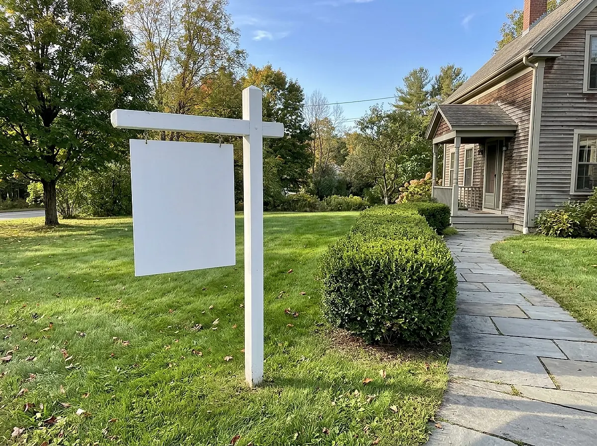 A blank sign post standing on a tidy front lawn, with a swept path leading to the house