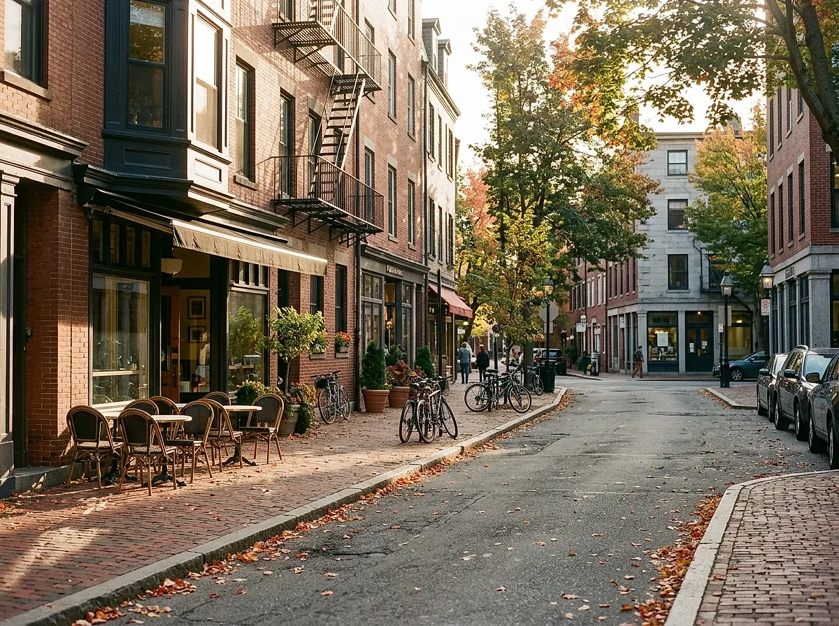 A quiet city street with brick buildings, bicycles leaning on a wall and a cafe's outdoor tables