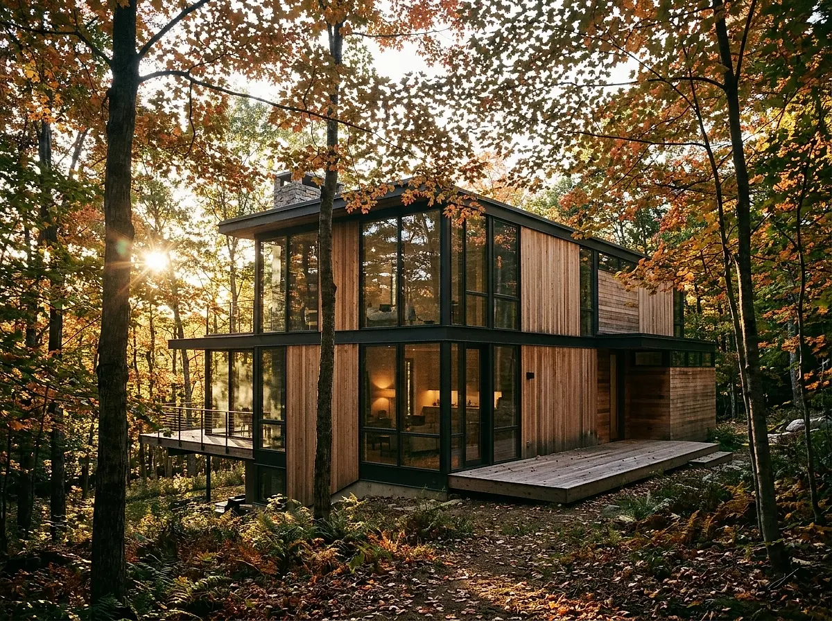 A timber and glass house standing among maple trees in late afternoon light