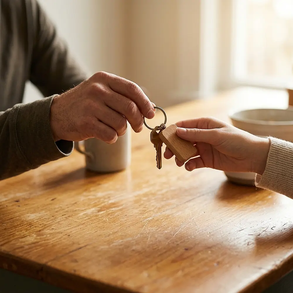 Two hands passing a single house key across a kitchen table